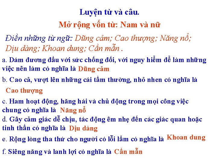 Luyện từ và câu. Mở rộng vốn từ: Nam và nữ Điền những từ