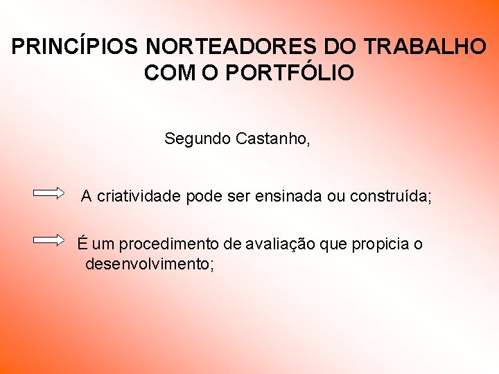 PRINCÍPIOS NORTEADORES DO TRABALHO COM O PORTFÓLIO Segundo Castanho, A criatividade pode ser ensinada PRINCÍPIOS NORTEADORES DO TRABALHO COM O PORTFÓLIO Segundo Castanho, A criatividade pode ser ensinada