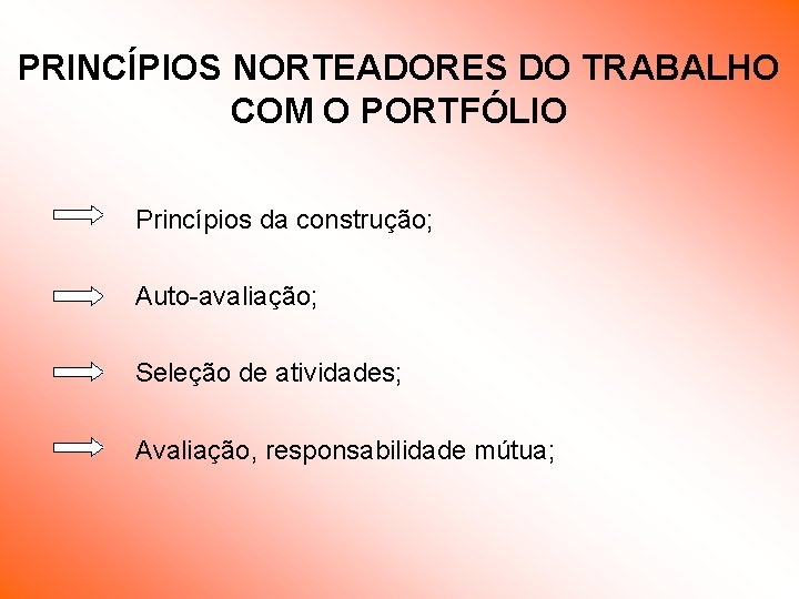 PRINCÍPIOS NORTEADORES DO TRABALHO COM O PORTFÓLIO Princípios da construção; Auto-avaliação; Seleção de atividades; PRINCÍPIOS NORTEADORES DO TRABALHO COM O PORTFÓLIO Princípios da construção; Auto-avaliação; Seleção de atividades;