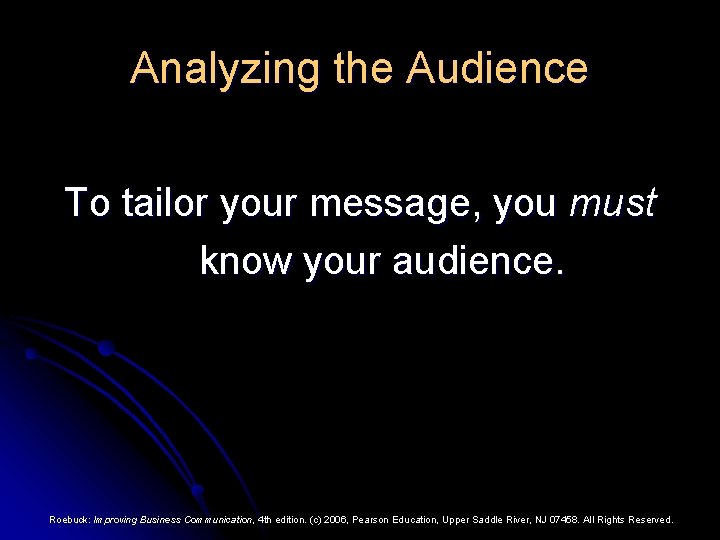 Analyzing the Audience To tailor your message, you must know your audience. Roebuck: Improving