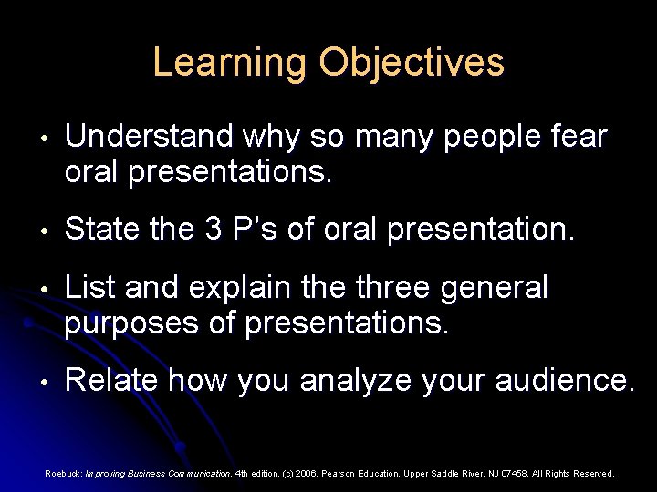 Learning Objectives • Understand why so many people fear oral presentations. • State the