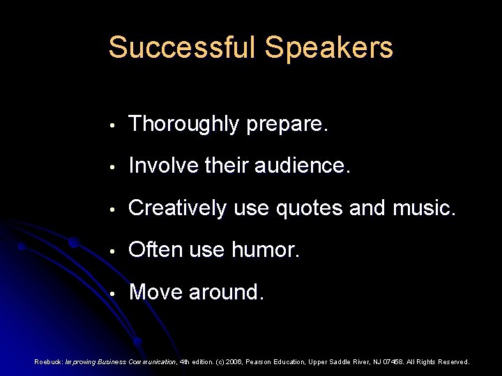 Successful Speakers • Thoroughly prepare. • Involve their audience. • Creatively use quotes and