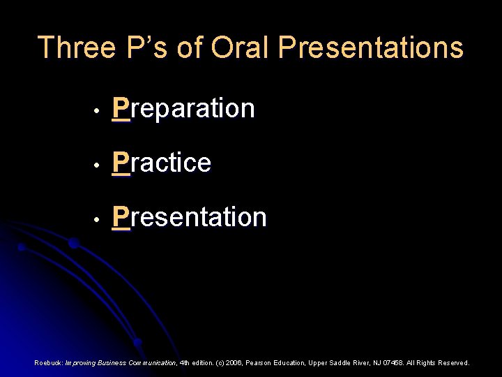 Three P’s of Oral Presentations • Preparation • Practice • Presentation Roebuck: Improving Business