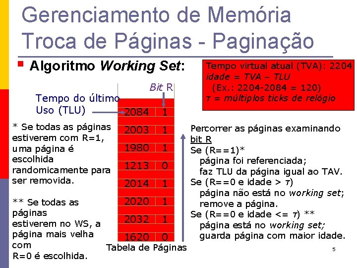 Gerenciamento de Memória Troca de Páginas - Paginação § Algoritmo Working Set: Tempo do