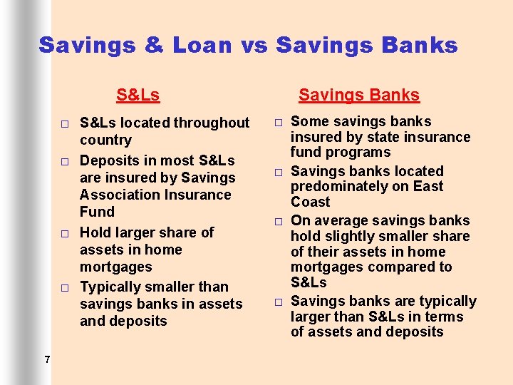 Savings & Loan vs Savings Banks S&Ls ¨ ¨ 7 S&Ls located throughout country