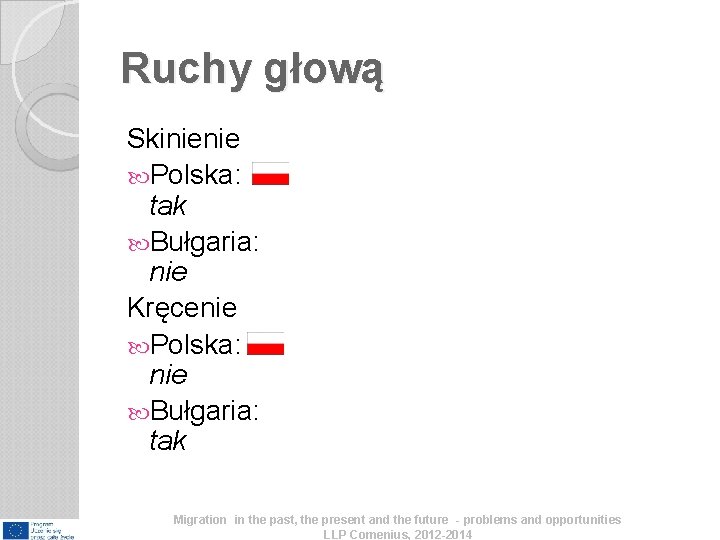 Ruchy głową Skinienie Polska: tak Bułgaria: nie Kręcenie Polska: nie Bułgaria: tak Migration in Ruchy głową Skinienie Polska: tak Bułgaria: nie Kręcenie Polska: nie Bułgaria: tak Migration in