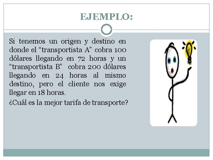 EJEMPLO: Si tenemos un origen y destino en donde el “transportista A” cobra 100