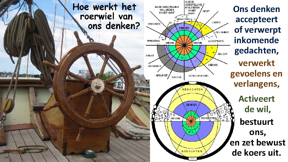 Ons denken accepteert of verwerpt inkomende gedachten, verwerkt gevoelens en verlangens, Activeert de wil,