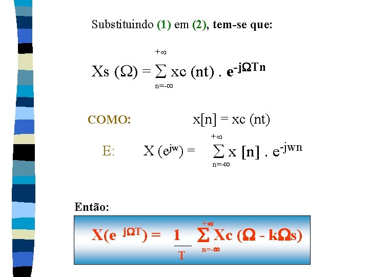 Substituindo (1) em (2), tem-se que: + Xs ( ) = xc (nt). e-j Substituindo (1) em (2), tem-se que: + Xs ( ) = xc (nt). e-j