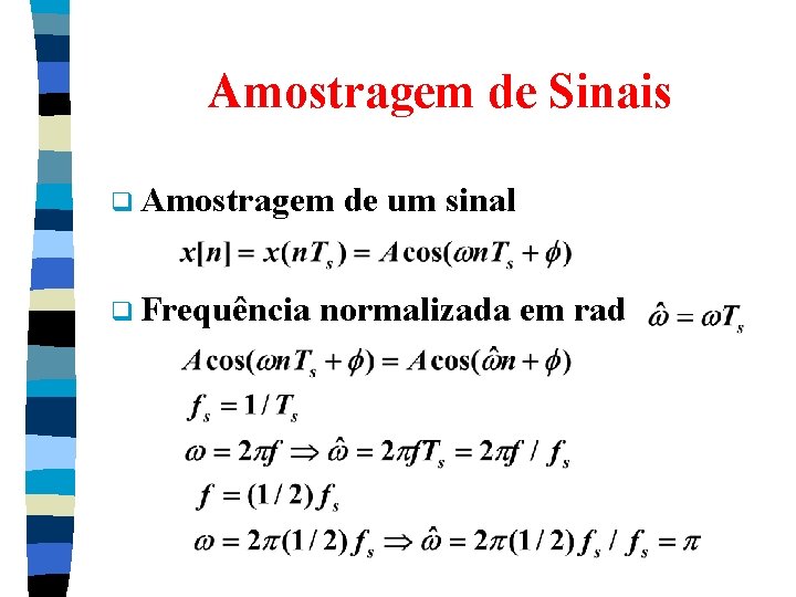 Amostragem de Sinais q Amostragem q Frequência de um sinal normalizada em rad Amostragem de Sinais q Amostragem q Frequência de um sinal normalizada em rad