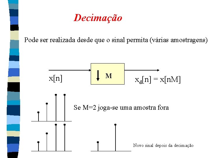 Decimação Pode ser realizada desde que o sinal permita (várias amostragens) x[n] M xd[n]