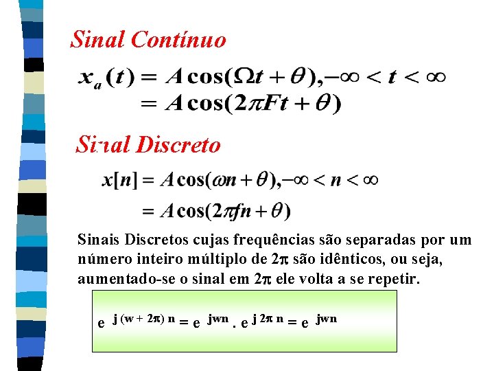 Sinal Contínuo Sinal Discreto Sinais Discretos cujas frequências são separadas por um número inteiro Sinal Contínuo Sinal Discreto Sinais Discretos cujas frequências são separadas por um número inteiro