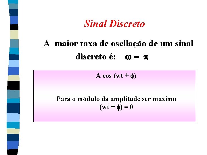 Sinal Discreto A maior taxa de oscilação de um sinal discreto é: A cos Sinal Discreto A maior taxa de oscilação de um sinal discreto é: A cos