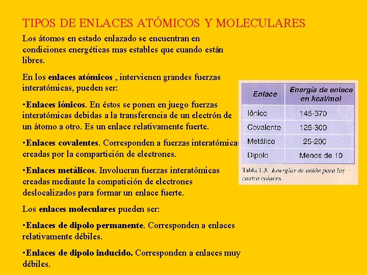 TIPOS DE ENLACES ATÓMICOS Y MOLECULARES Los átomos en estado enlazado se encuentran en