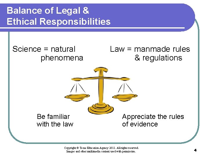 Balance of Legal & Ethical Responsibilities Science = natural phenomena Be familiar with the