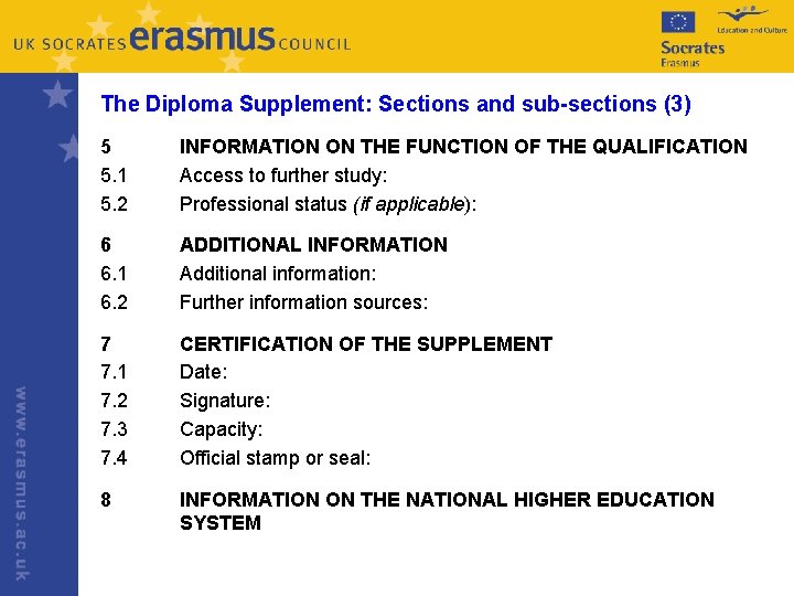 The Diploma Supplement: Sections and sub-sections (3) 5 5. 1 5. 2 INFORMATION ON