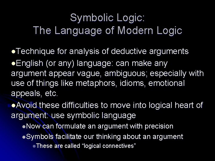 Symbolic Logic: The Language of Modern Logic l. Technique for analysis of deductive arguments