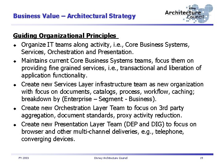 Business Value – Architectural Strategy Guiding Organizational Principles u Organize IT teams along activity,