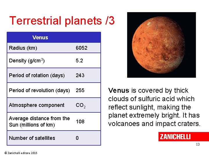 Terrestrial planets /3 Venus Radius (km) 6052 Density (g/cm 3) 5. 2 Period of