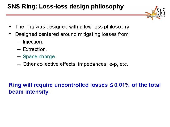 SNS Ring: Loss-loss design philosophy • The ring was designed with a low loss