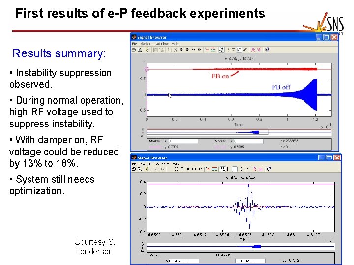 First results of e-P feedback experiments Results summary: • Instability suppression observed. • During