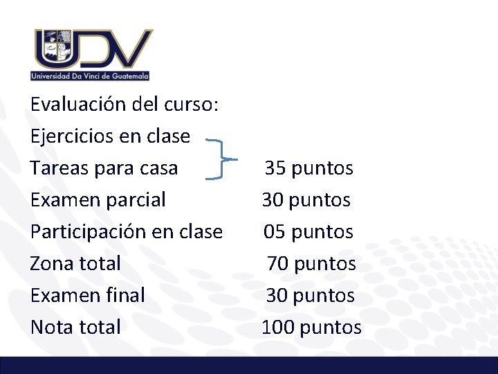 Evaluación del curso: Ejercicios en clase Tareas para casa Examen parcial Participación en clase