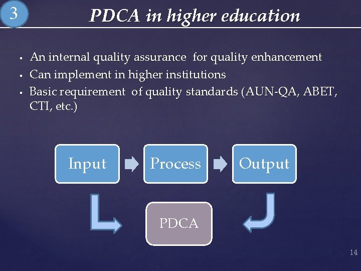 PDCA in higher education 3 § § § An internal quality assurance for quality