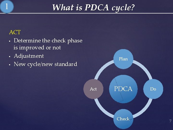 1 What is PDCA cycle? ACT § Determine the check phase is improved or