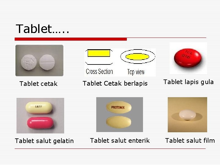 Tablet…. . Tablet cetak Tablet salut gelatin Tablet Cetak berlapis Tablet salut enterik Tablet