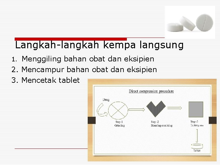 Langkah-langkah kempa langsung Menggiling bahan obat dan eksipien 2. Mencampur bahan obat dan eksipien