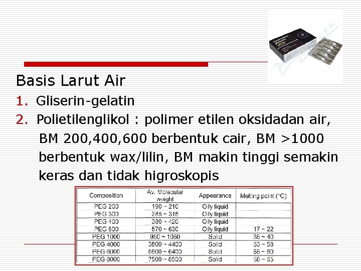 Basis Larut Air 1. Gliserin-gelatin 2. Polietilenglikol : polimer etilen oksidadan air, BM 200,