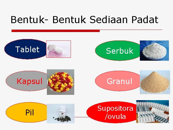 Bentuk- Bentuk Sediaan Padat Tablet Serbuk Kapsul Granul Pil Supositora /ovula 