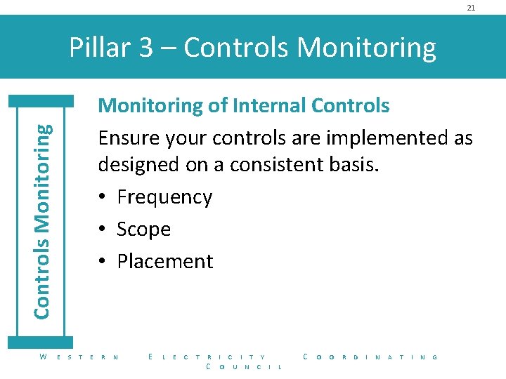 21 Pillar 3 – Controls Monitoring of Internal Controls Ensure your controls are implemented