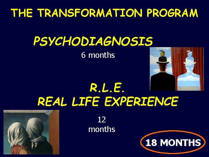 THE TRANSFORMATION PROGRAM PSYCHODIAGNOSIS 6 months R. L. E. REAL LIFE EXPERIENCE 12 months