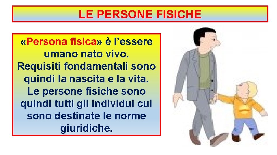 LE PERSONE FISICHE «Persona fisica» è l’essere umano nato vivo. Requisiti fondamentali sono quindi