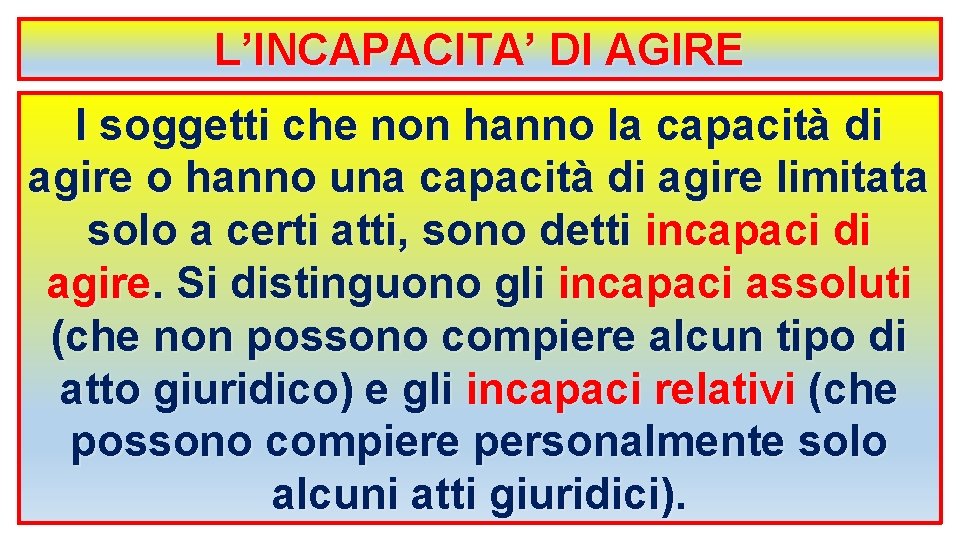 L’INCAPACITA’ DI AGIRE I soggetti che non hanno la capacità di agire o hanno