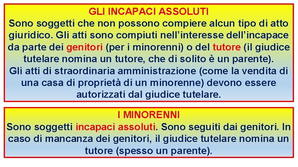 GLI INCAPACI ASSOLUTI Sono soggetti che non possono compiere alcun tipo di atto giuridico.