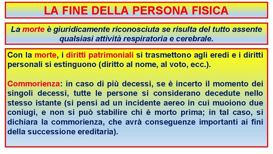 LA FINE DELLA PERSONA FISICA La morte è giuridicamente riconosciuta se risulta del tutto