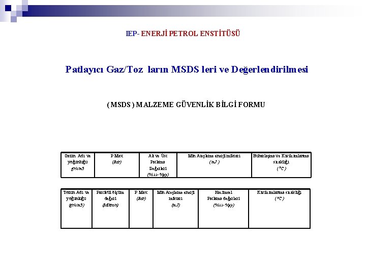 IEP- ENERJİ PETROL ENSTİTÜSÜ Patlayıcı Gaz/Toz ların MSDS leri ve Değerlendirilmesi ( MSDS )