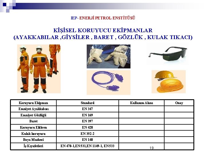 IEP- ENERJİ PETROL ENSTİTÜSÜ KİŞİSEL KORUYUCU EKİPMANLAR (AYAKKABILAR , GİYSİLER , BARET , GÖZLÜK