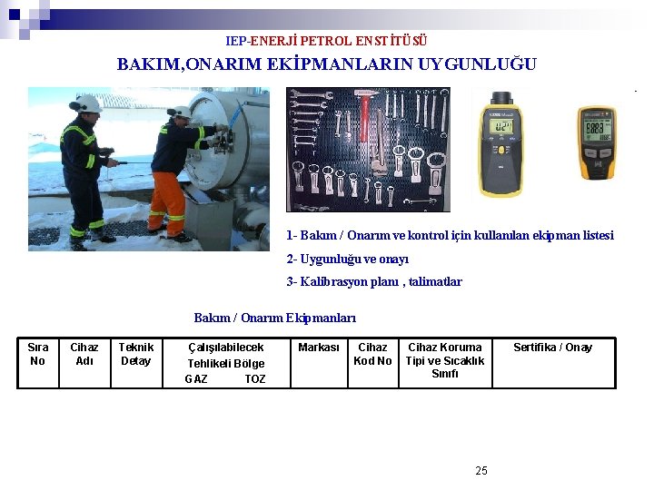 IEP-ENERJİ PETROL ENSTİTÜSÜ BAKIM, ONARIM EKİPMANLARIN UYGUNLUĞU 1 - Bakım / Onarım ve kontrol