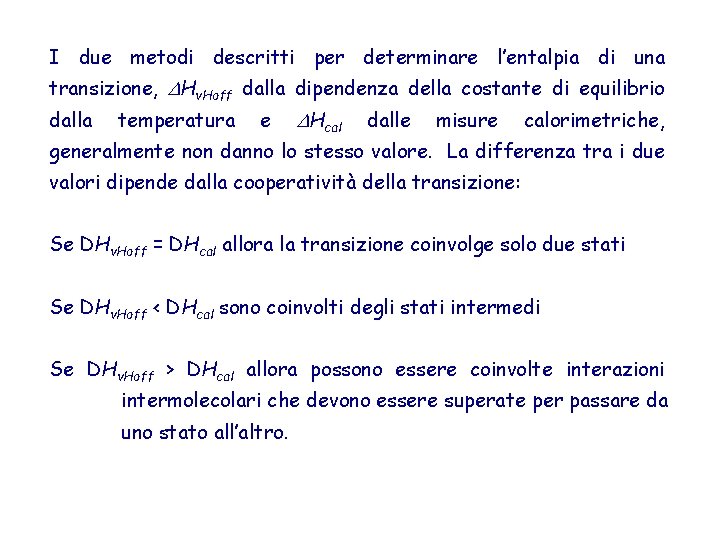 I due metodi descritti per determinare l’entalpia di una transizione, Hv. Hoff dalla dipendenza