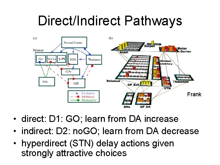 Direct/Indirect Pathways Frank • direct: D 1: GO; learn from DA increase • indirect: