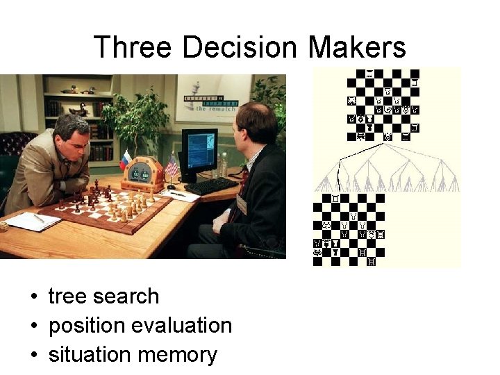 Three Decision Makers • tree search • position evaluation • situation memory 