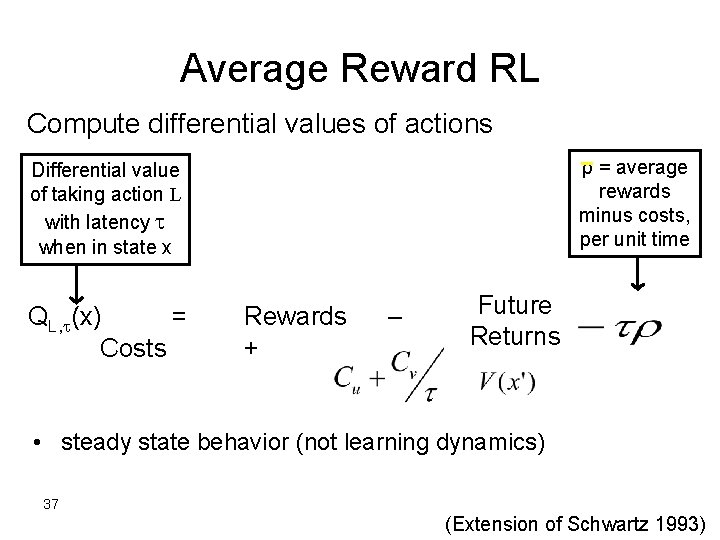 Average Reward RL Compute differential values of actions ρ = average rewards minus costs,