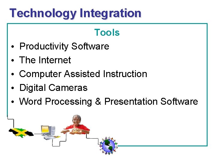 Technology Integration • • • Tools Productivity Software The Internet Computer Assisted Instruction Digital