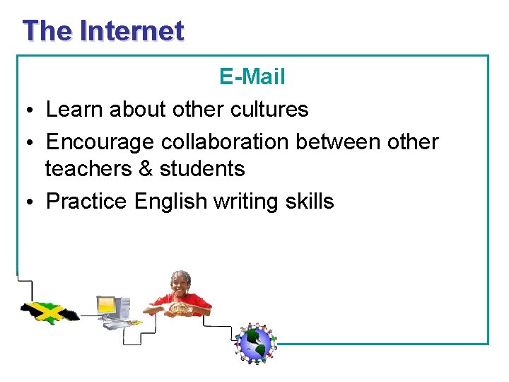 The Internet E-Mail • Learn about other cultures • Encourage collaboration between other teachers