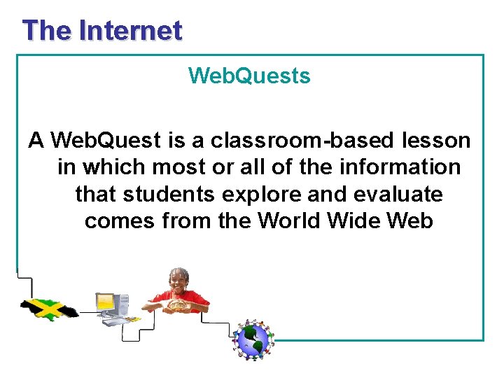 The Internet Web. Quests A Web. Quest is a classroom-based lesson in which most