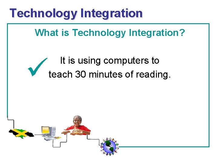 Technology Integration What is Technology Integration? It is using computers to teach 30 minutes
