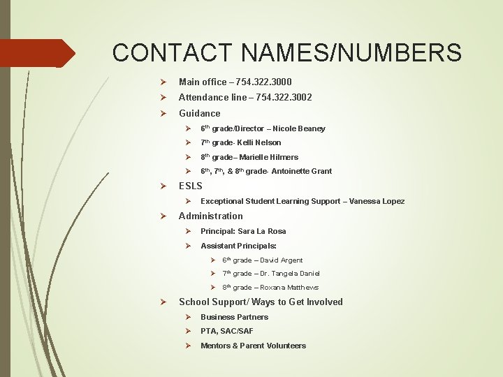 CONTACT NAMES/NUMBERS Ø Main office – 754. 322. 3000 Ø Attendance line – 754.